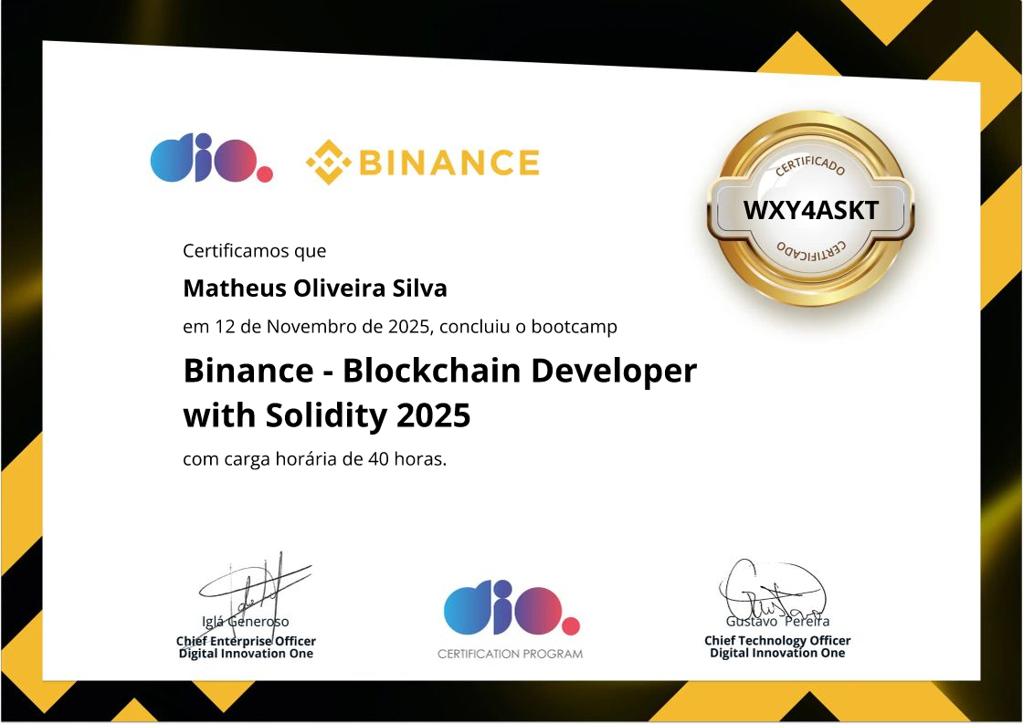 certificate of Binance - Blockchain Developer with Solidity 2025
