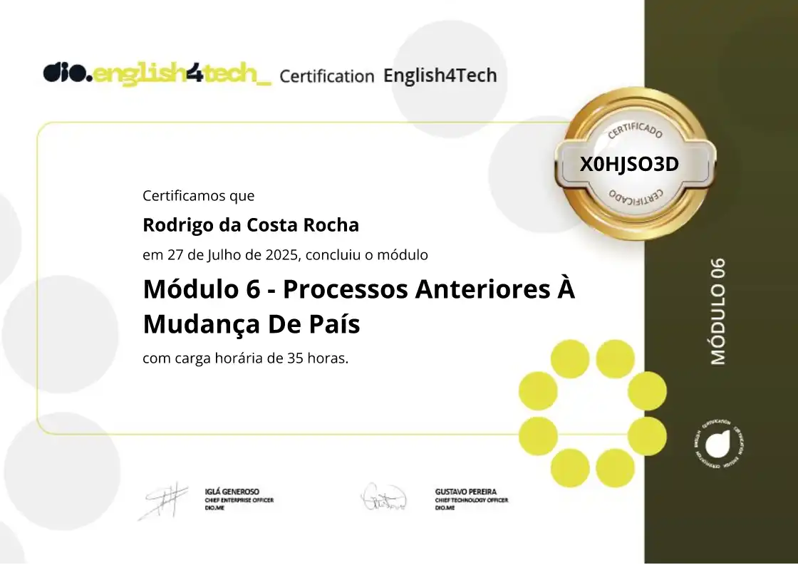 certificate of Módulo 6 - Processos Anteriores À Mudança De País