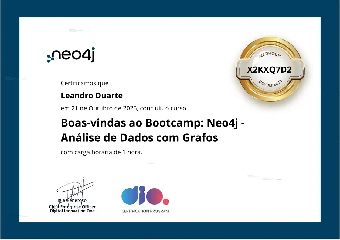 certificate of Boas-vindas ao Bootcamp: Neo4j - Análise de Dados com Grafos