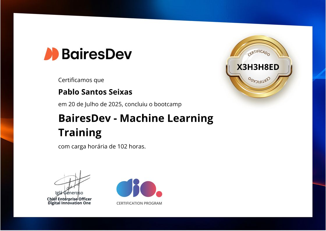certificate of BairesDev - Machine Learning Training