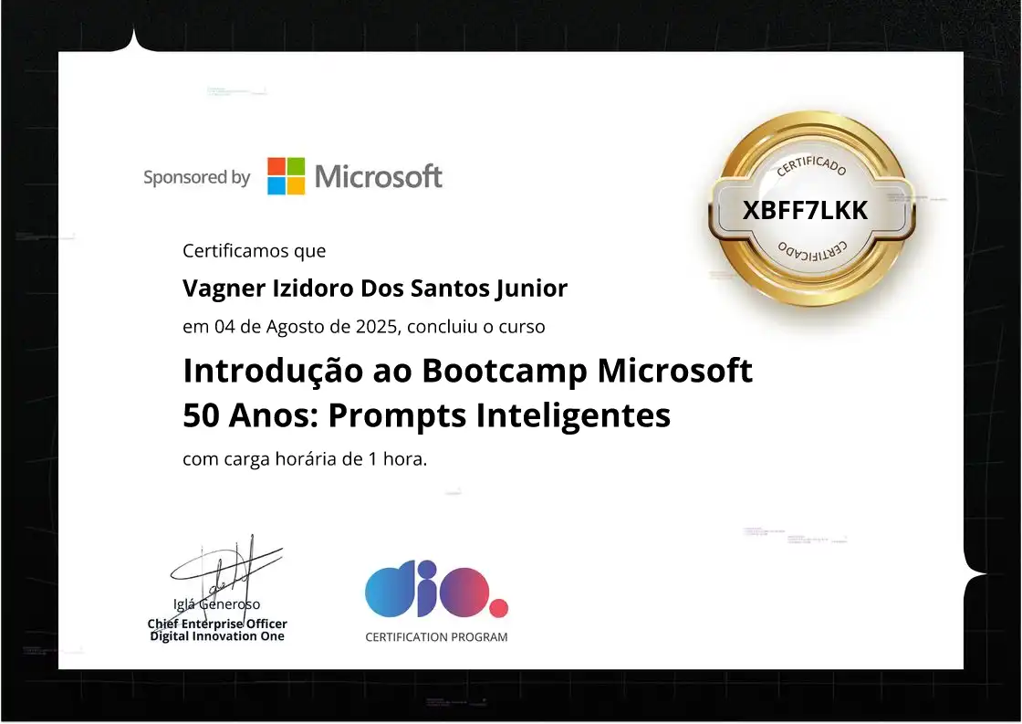 certificate of Introdução ao Bootcamp Microsoft 50 Anos: Prompts Inteligentes