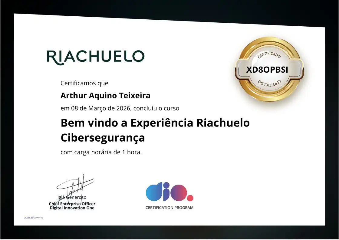 certificate of Bem vindo a Experiência Riachuelo Cibersegurança