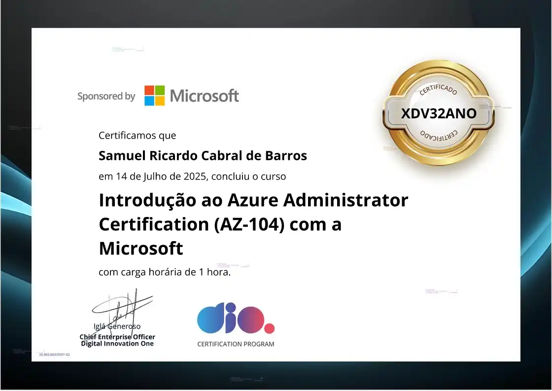 certificate of Introdução ao Azure Administrator Certification (AZ-104) com a Microsoft