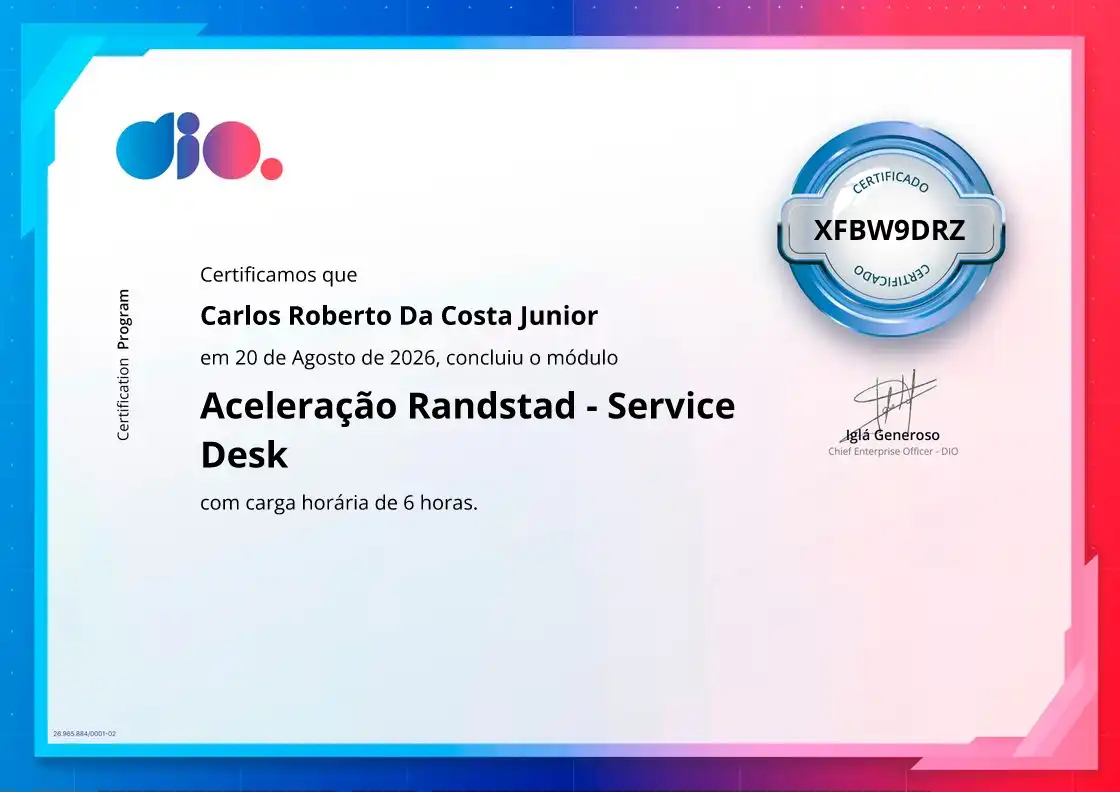 certificate of Aceleração Randstad - Service Desk