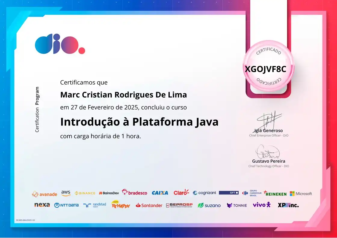 certificate of Introdução à Plataforma Java