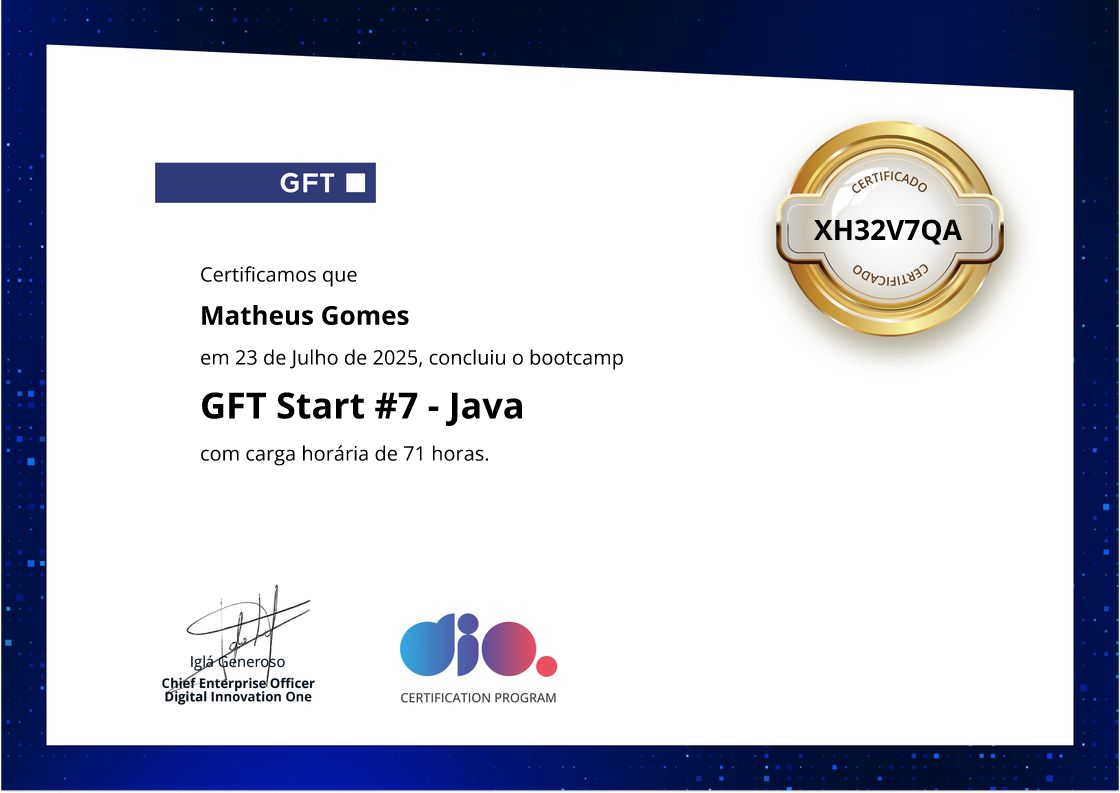 certificate of GFT Start #7 - Java