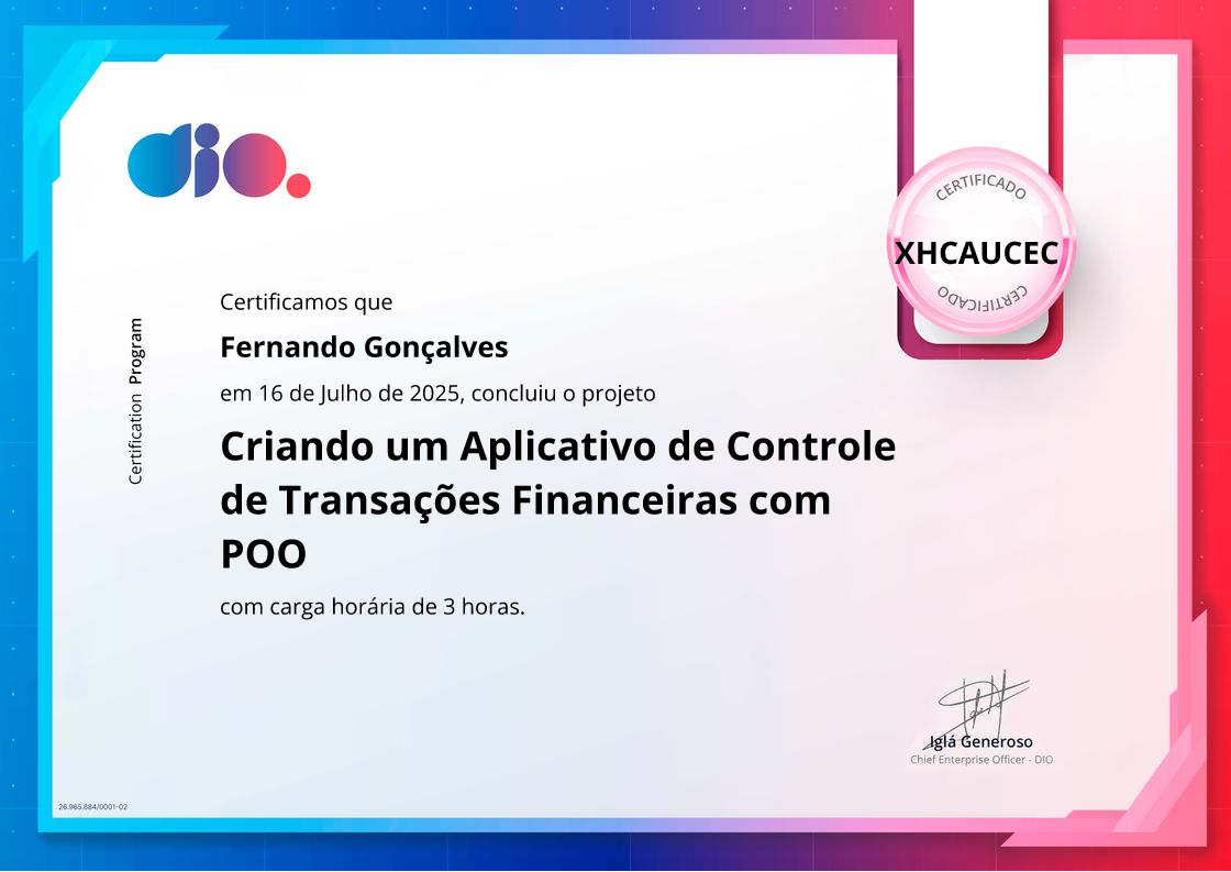 certificate of Criando um Aplicativo de Controle de Transações Financeiras com POO