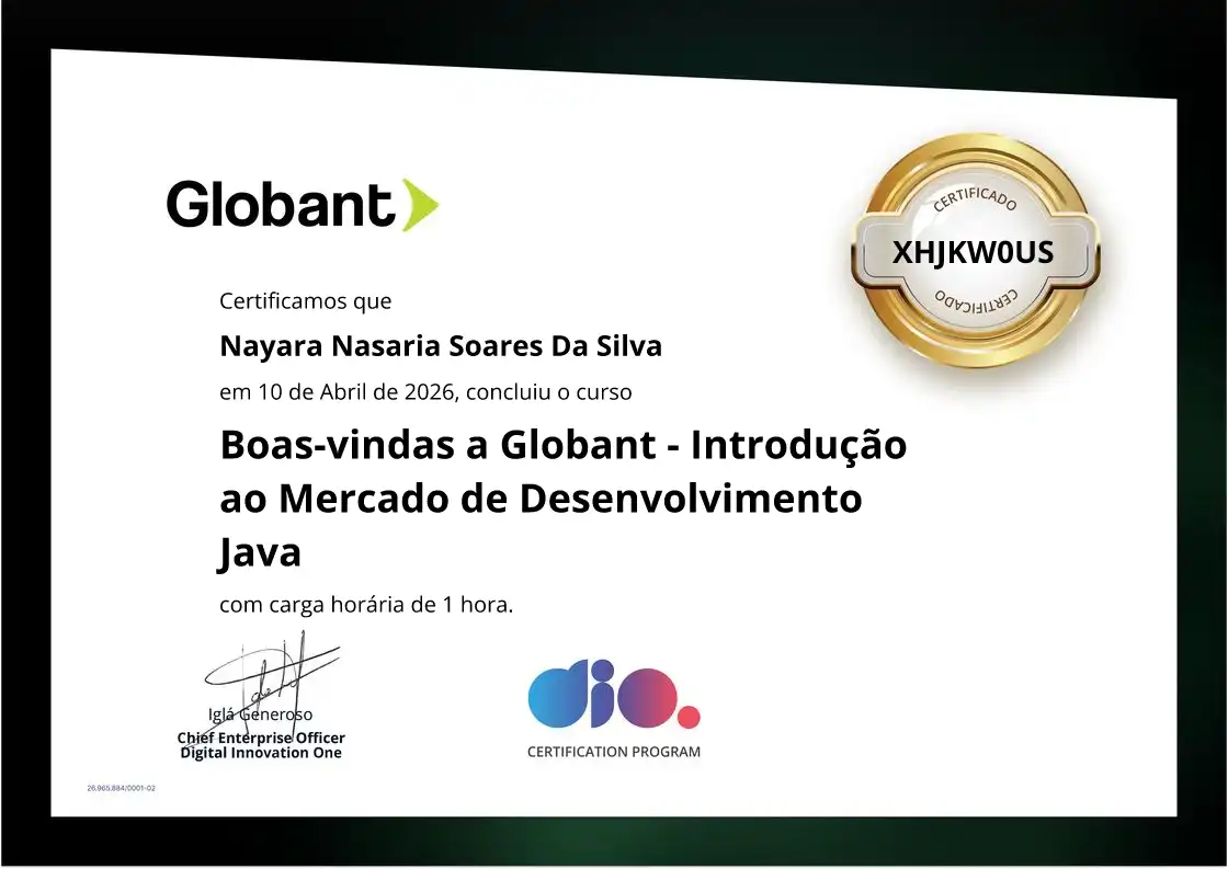 certificate of Boas-vindas a Globant - Introdução ao Mercado de Desenvolvimento Java