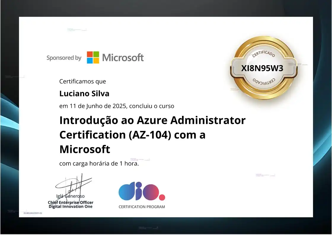 certificate of Introdução ao Azure Administrator Certification (AZ-104) com a Microsoft