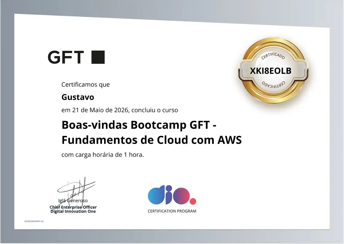 certificate of Boas-vindas Bootcamp GFT - Fundamentos de Cloud com AWS