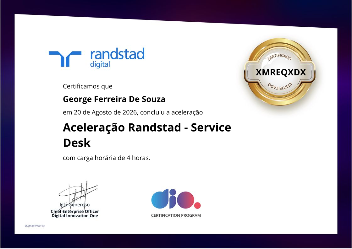 certificate of Aceleração Randstad - Service Desk