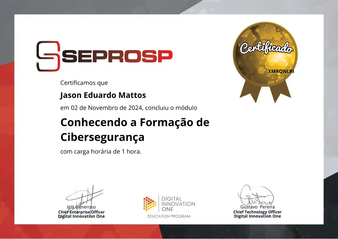 certificate of Conhecendo a Formação de Cibersegurança