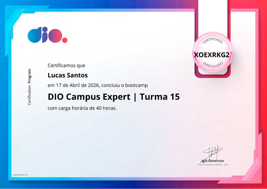 certificate of DIO Campus Expert | Turma 15