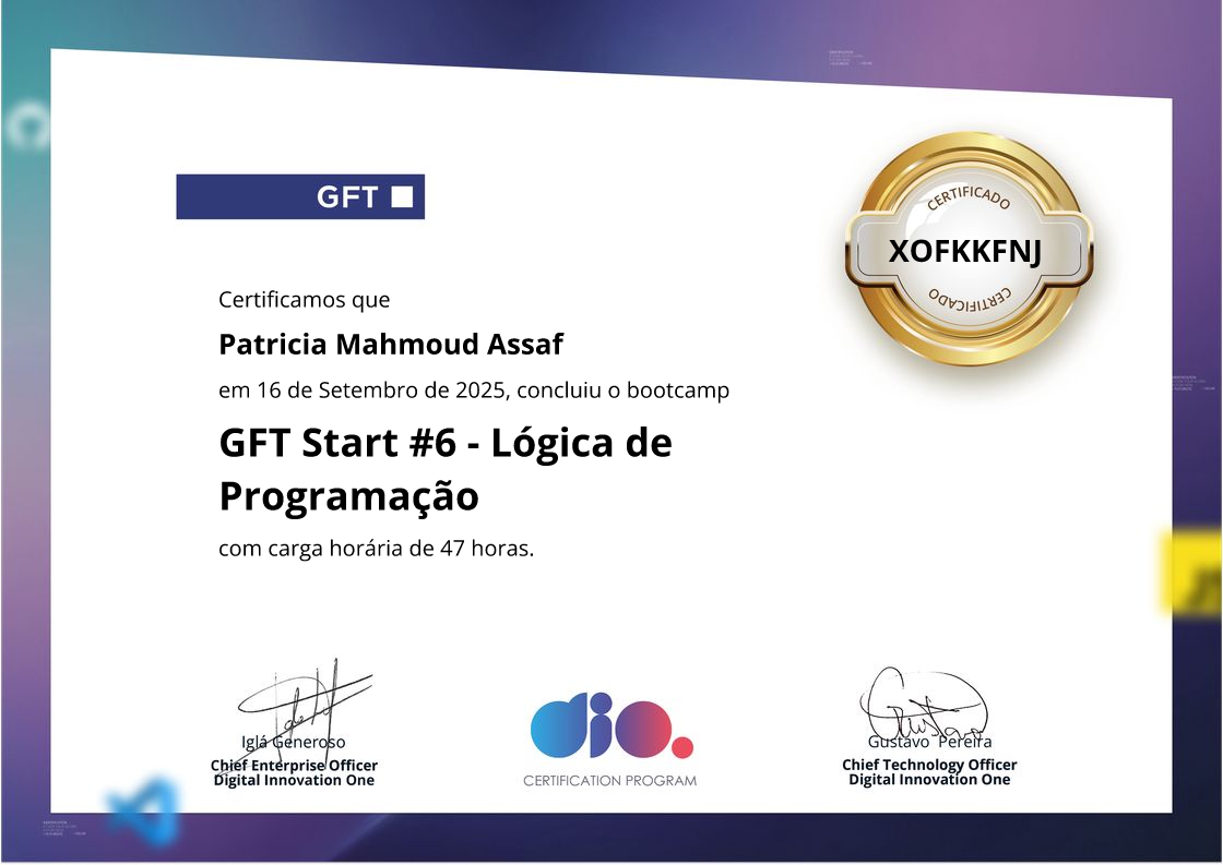 certificate of GFT Start #6 - Lógica de Programação