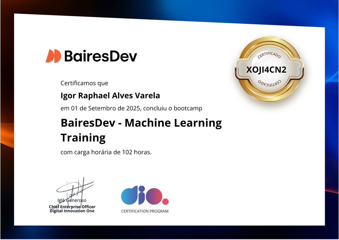 certificate of BairesDev - Machine Learning Training