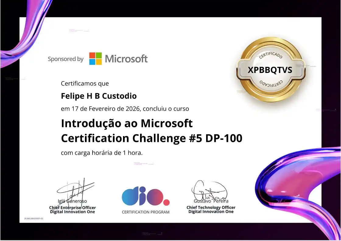 certificate of Introdução ao Microsoft Certification Challenge #5 DP-100