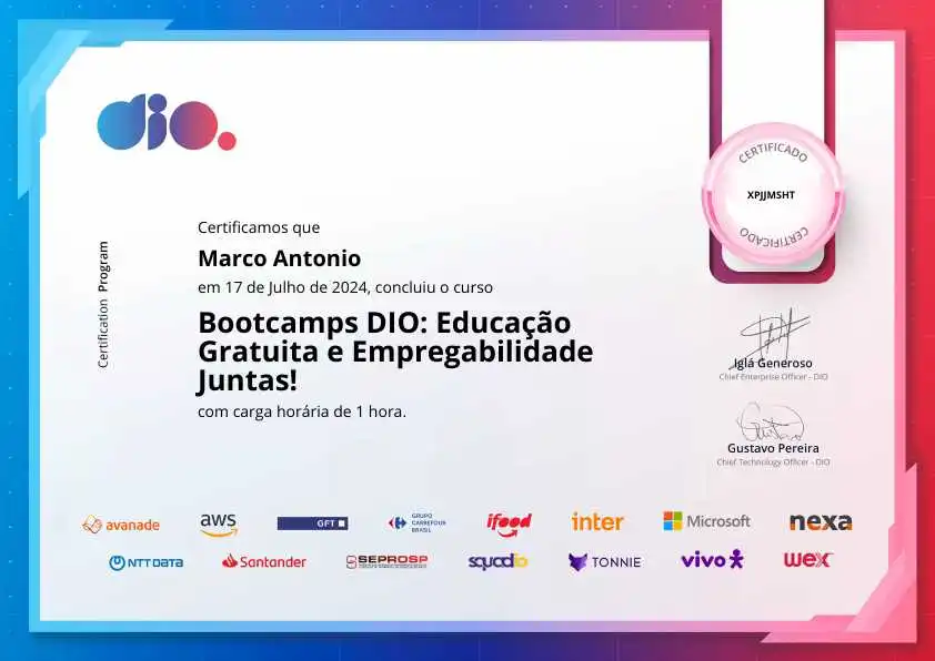 certificate of Bootcamps DIO: Educação Gratuita e Empregabilidade Juntas!