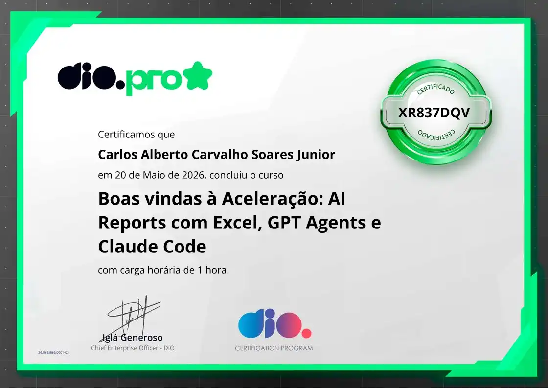 certificate of Boas vindas à Aceleração: AI Reports com Excel, GPT Agents e Claude Code
