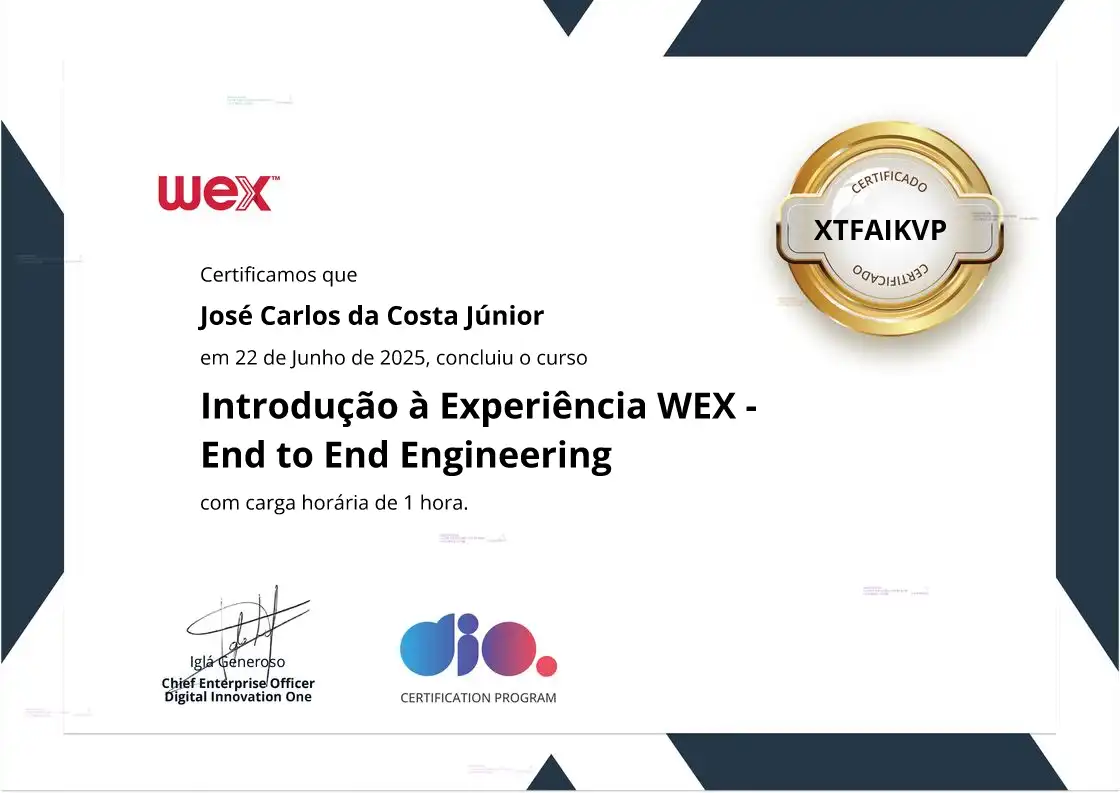 certificate of Introdução à Experiência WEX - End to End Engineering