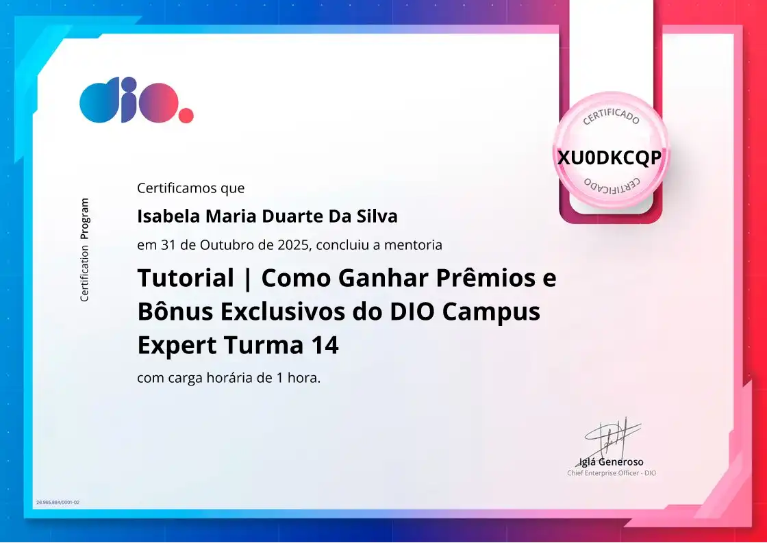 certificate of Tutorial | Como Ganhar Prêmios e Bônus Exclusivos do DIO Campus Expert Turma 14