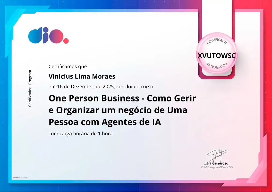 certificate of One Person Business - Como Gerir e Organizar um negócio de Uma Pessoa com Agentes de IA