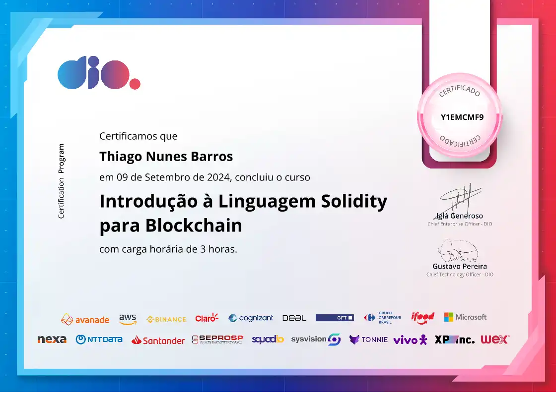 certificate of Introdução à Linguagem Solidity para Blockchain