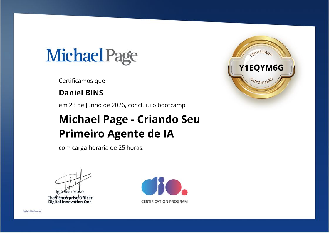 certificate of Michael Page - Criando Seu Primeiro Agente de IA