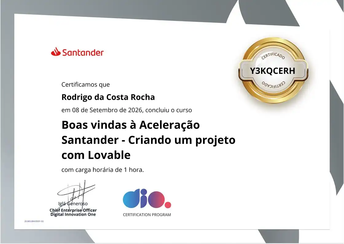 certificate of Boas vindas à Aceleração Santander - Criando um projeto com Lovable
