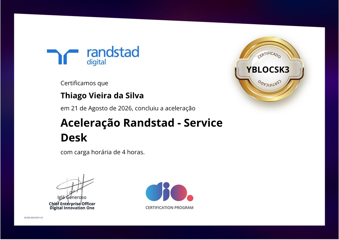 certificate of Aceleração Randstad - Service Desk
