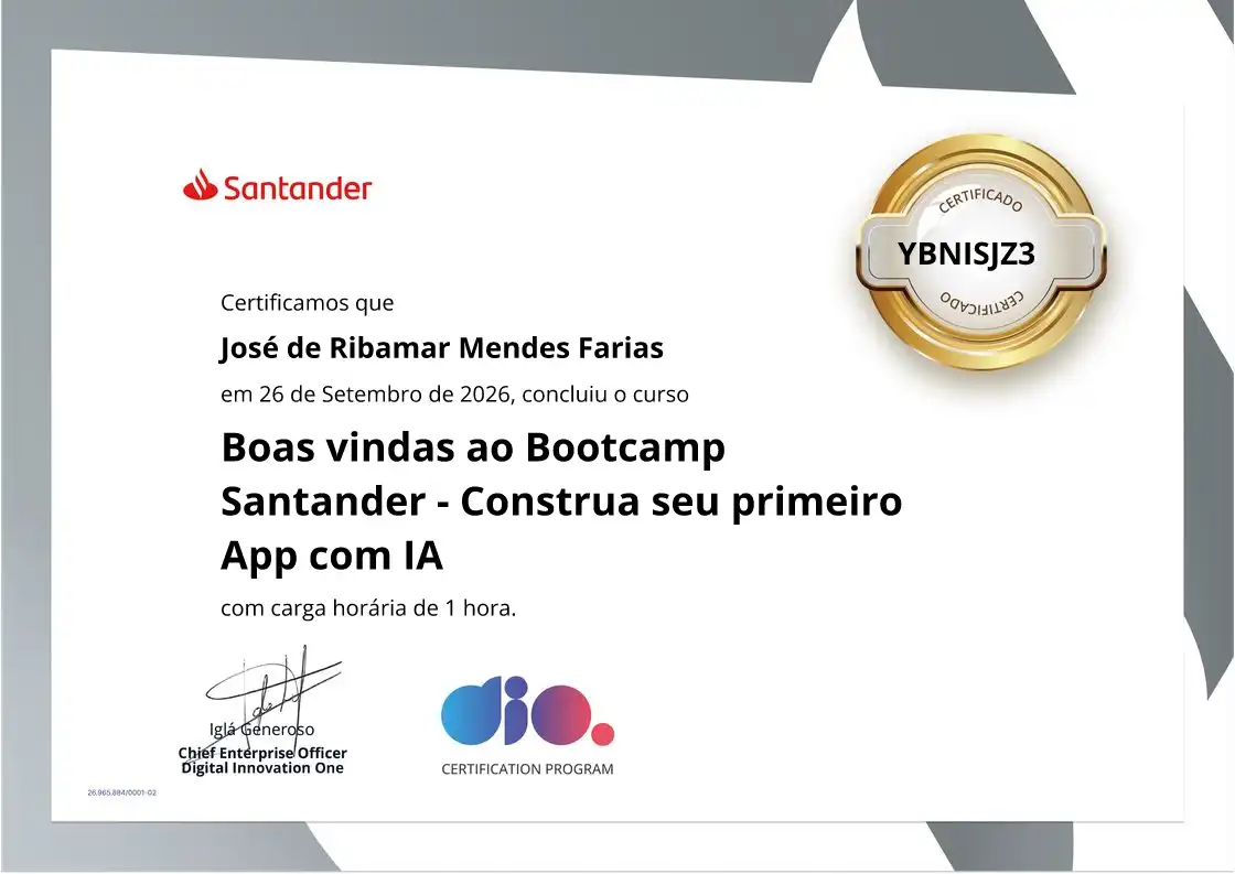 certificate of Boas vindas ao Bootcamp Santander - Construa seu primeiro App com IA