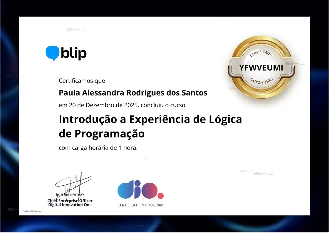 certificate of Introdução a Experiência de  Lógica de Programação