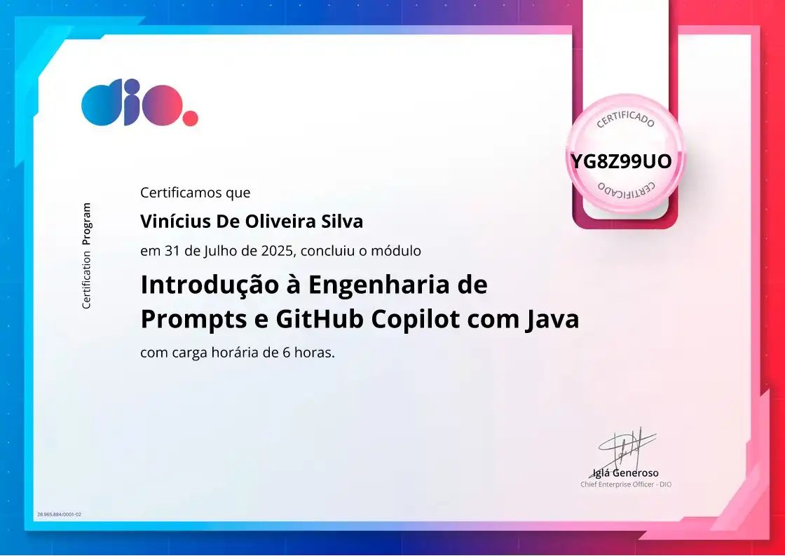 certificate of Introdução à Engenharia de Prompts e GitHub Copilot com Java