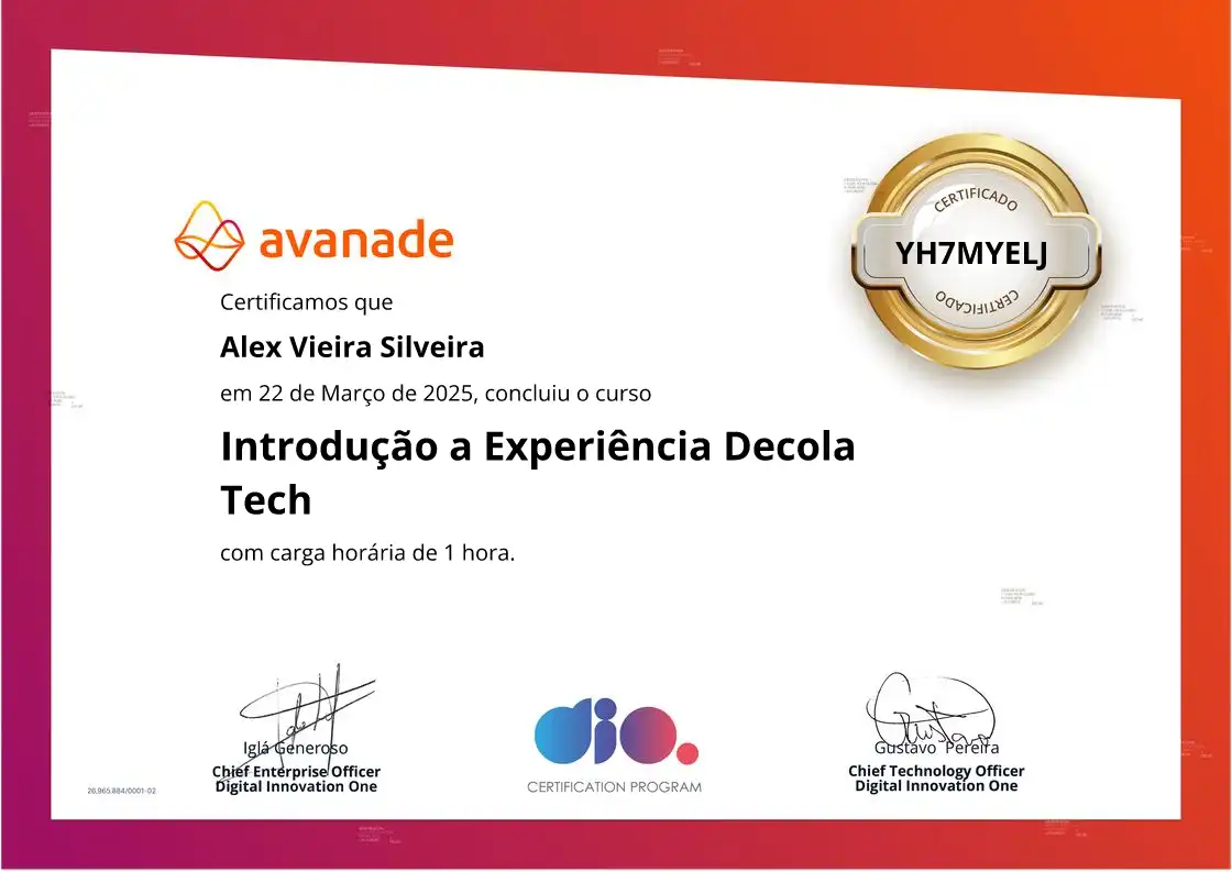 certificate of Introdução a Experiência Decola Tech