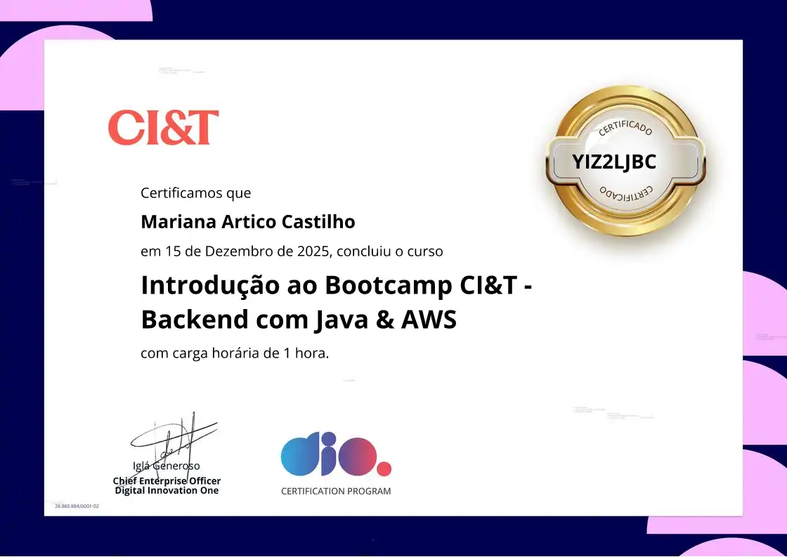 certificate of Introdução ao Bootcamp CI&T - Backend com Java & AWS