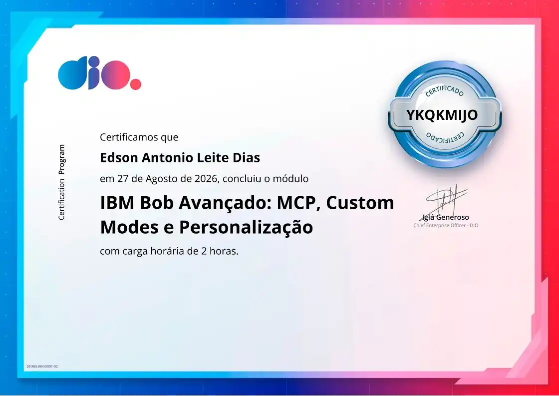 certificate of IBM Bob Avançado: MCP, Custom Modes e Personalização