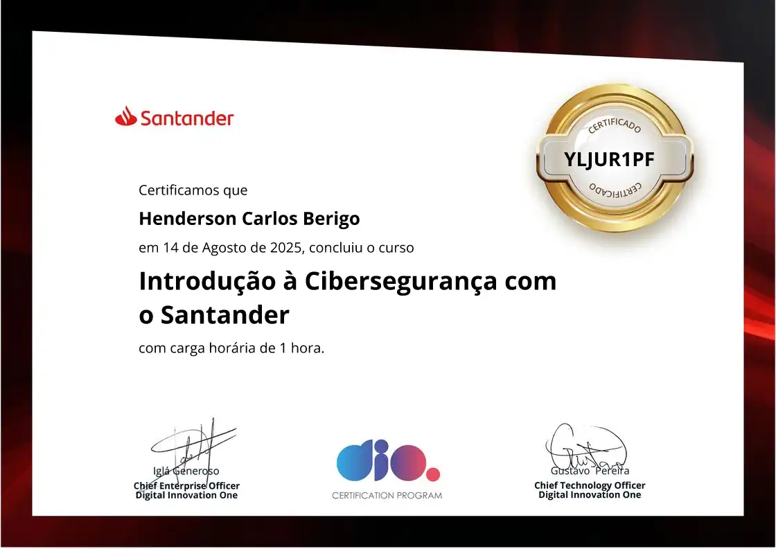 certificate of Introdução à Cibersegurança com o Santander