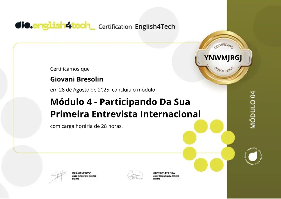 certificate of Módulo 4 - Participando Da Sua Primeira Entrevista Internacional