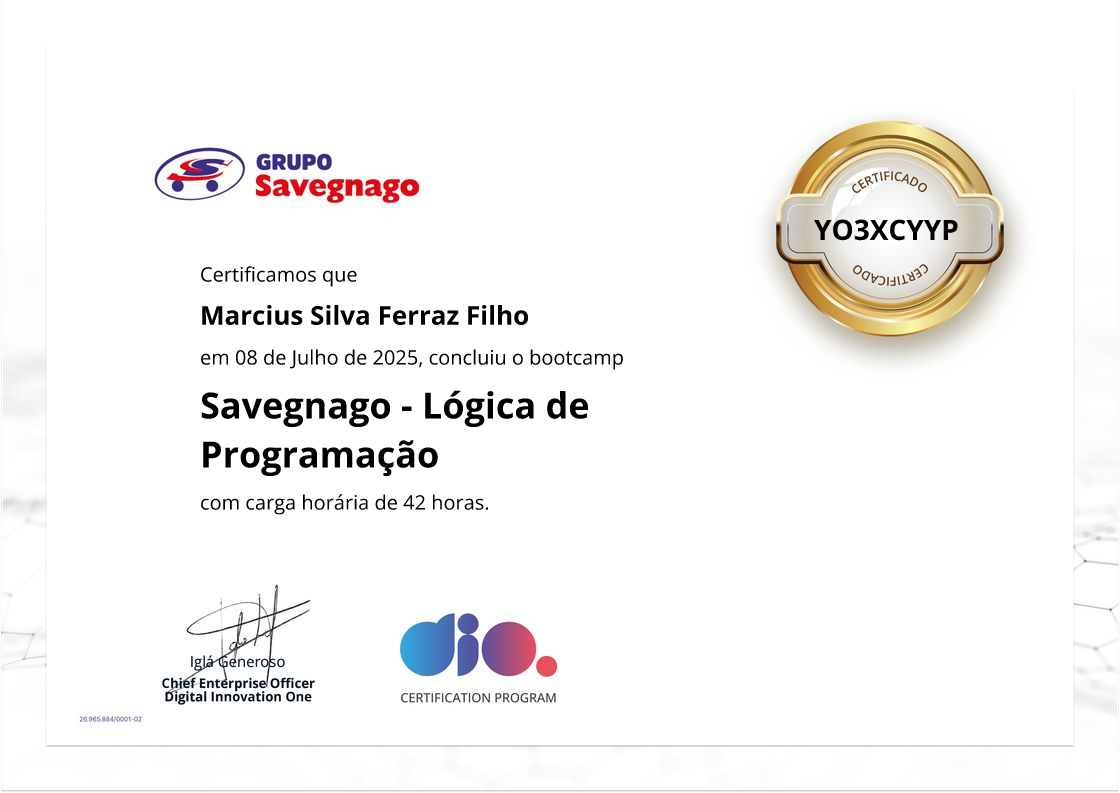 certificate of Savegnago - Lógica de Programação
