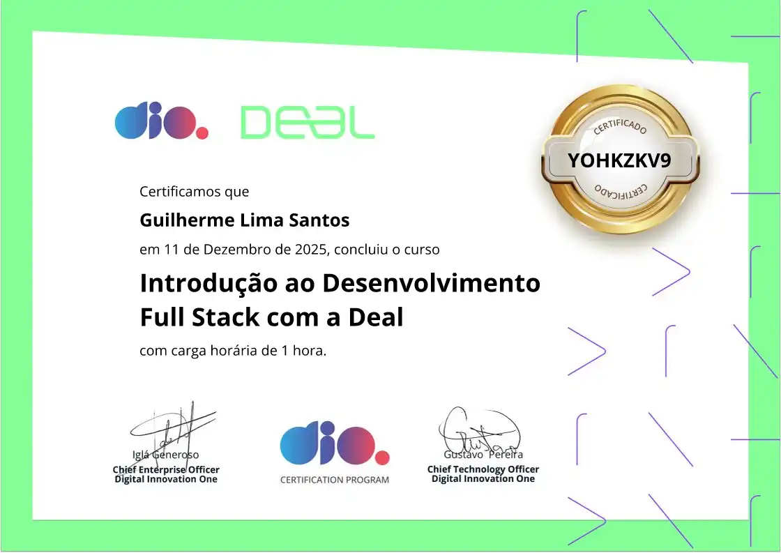 certificate of Introdução ao Desenvolvimento Full Stack com a Deal