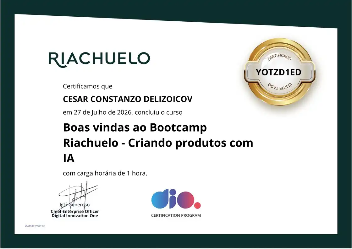 certificate of Boas vindas ao Bootcamp Riachuelo - Criando produtos com IA