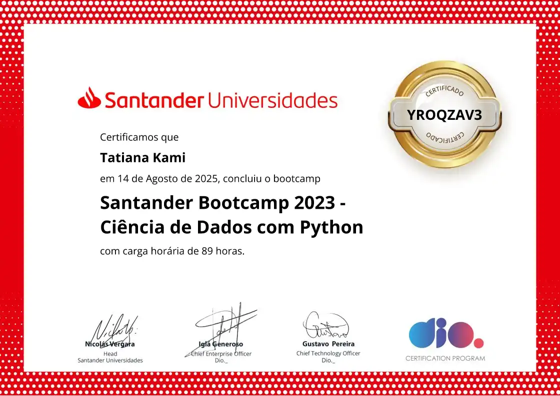 certificate of Santander Bootcamp 2023 - Ciência de Dados com Python