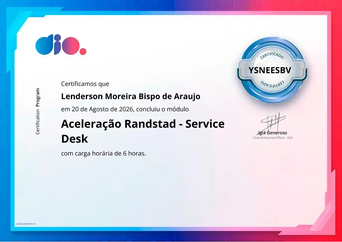 certificate of Aceleração Randstad - Service Desk