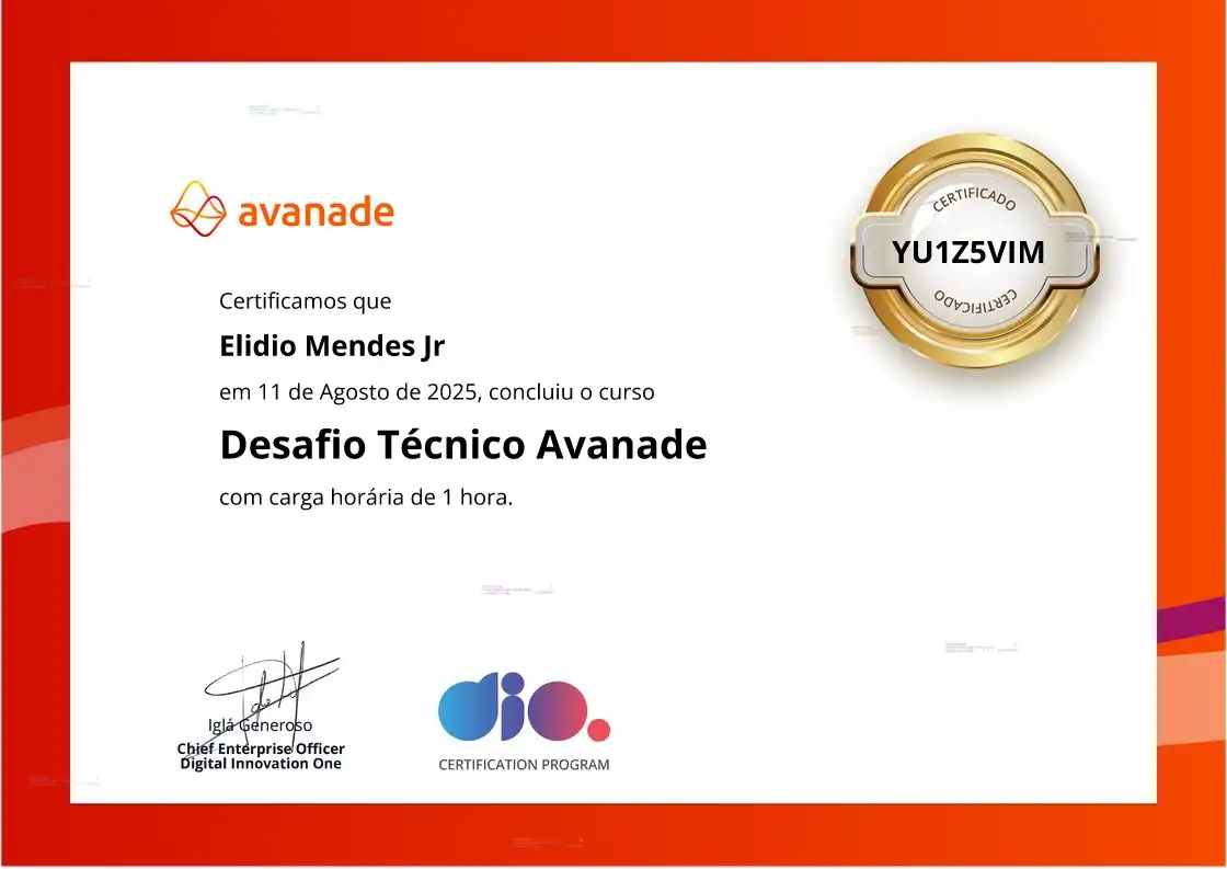 certificate of Desafio Técnico Avanade