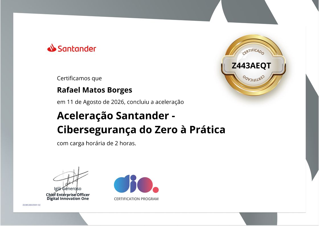 certificate of Aceleração Santander - Cibersegurança do Zero à Prática