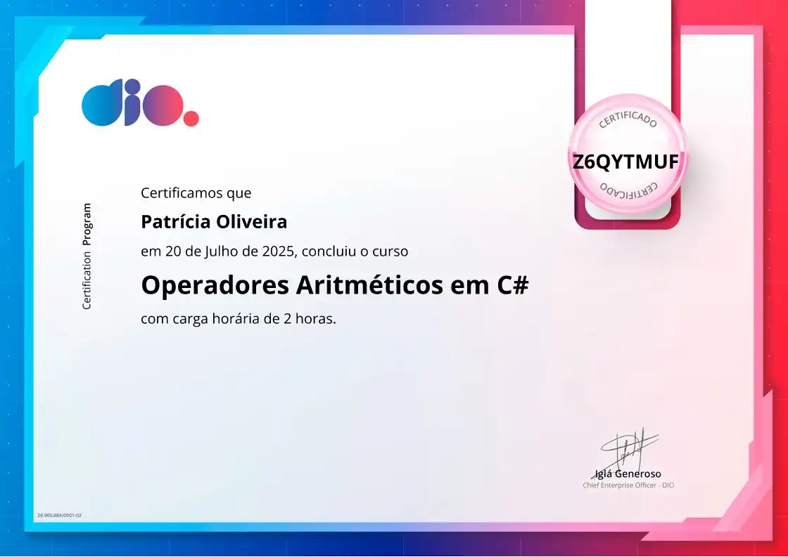 certificate of Operadores Aritméticos em C#