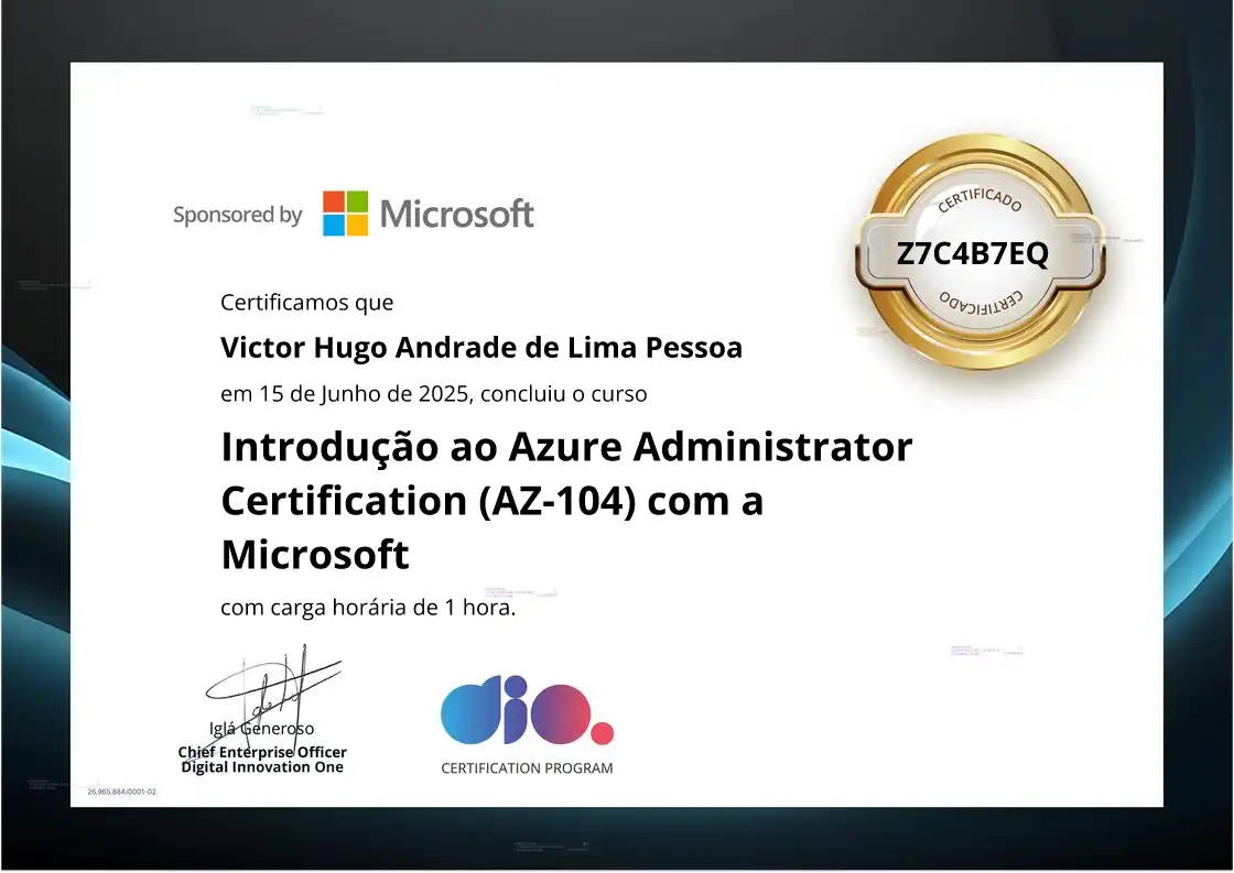 certificate of Introdução ao Azure Administrator Certification (AZ-104) com a Microsoft