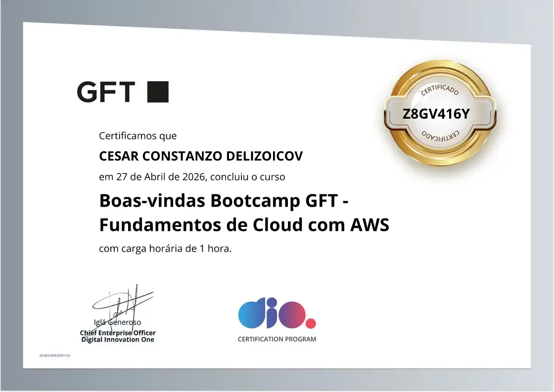certificate of Boas-vindas Bootcamp GFT - Fundamentos de Cloud com AWS