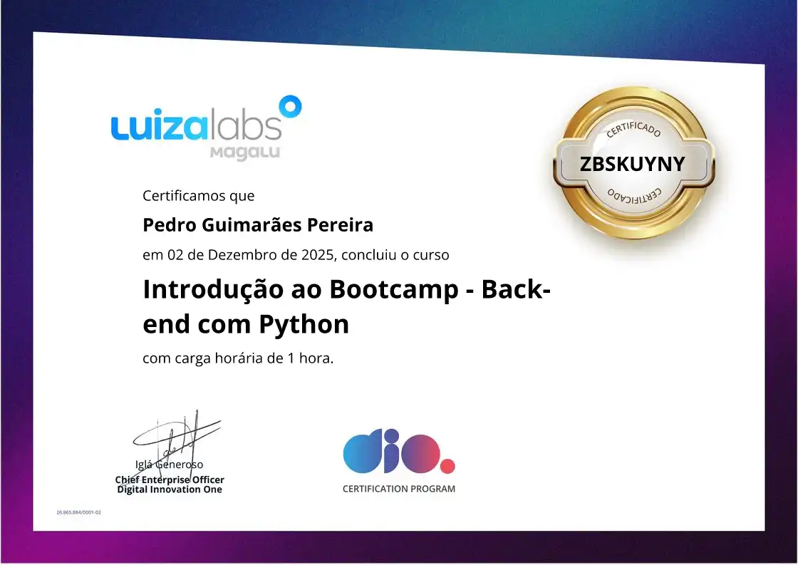 certificate of Introdução ao Bootcamp - Back-end com Python