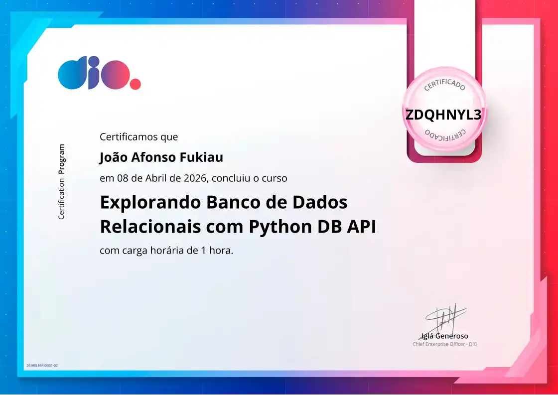 certificate of Explorando Banco de Dados Relacionais com Python DB API