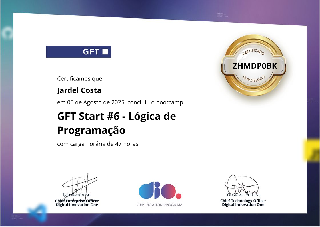certificate of GFT Start #6 - Lógica de Programação